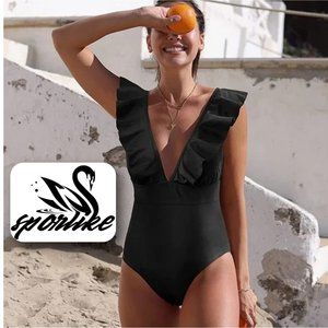 SPORLIKE One Piece V-Neck Ruffle Bathing Suit  🐅  NEW WITH TAG!